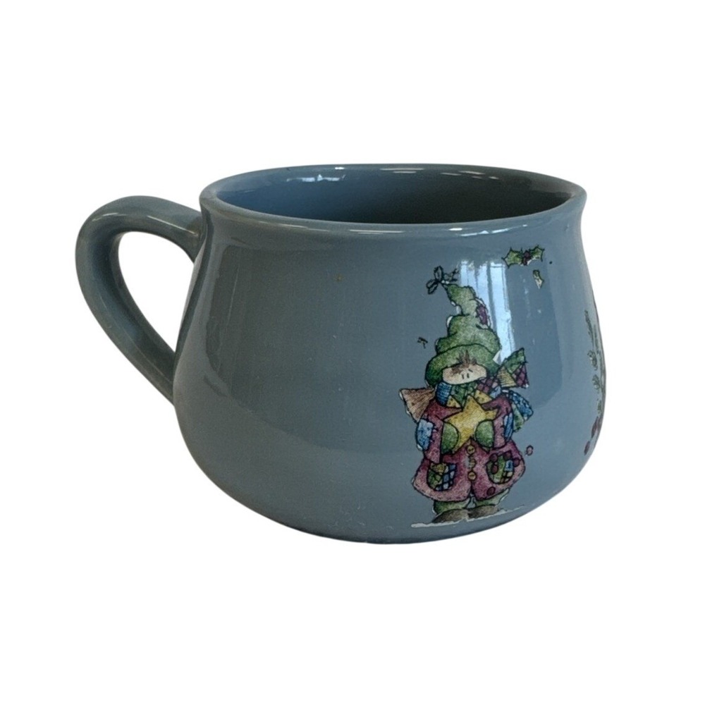 Vintage Christmas Gnome Ceramic Soup Mug Blue Winter Scene Holiday